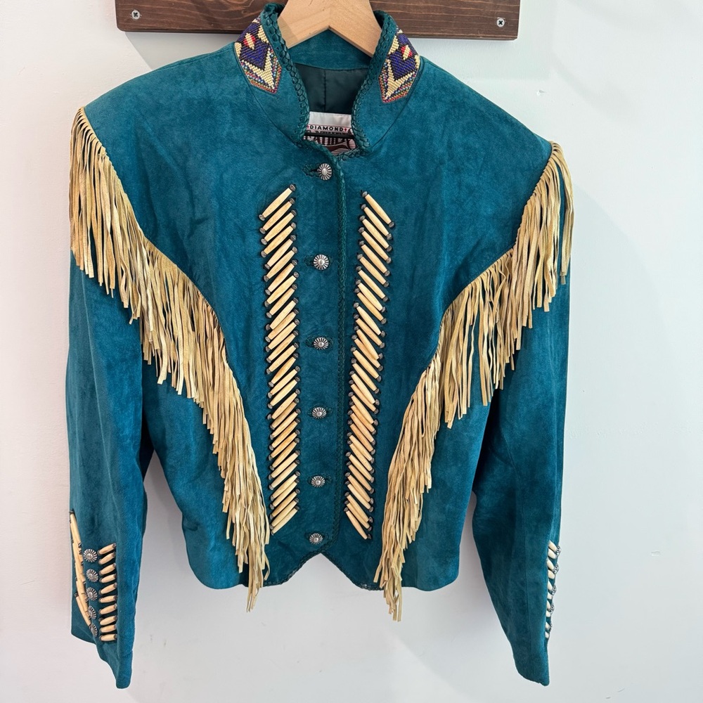 Vintage Teal Leather Jacket with Fringe